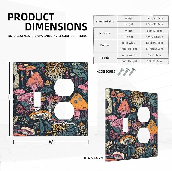 Decorative Outlet Covers Cartoon Comics Colorful Mushrooms 2 Gang Wall Plate Cover Single Toggle Duplex Combo Two Switch Light Switch Cover Plate Jumbo Dual GFCI Faceplate