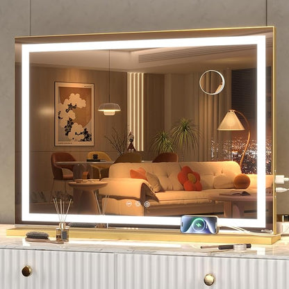 Hasipu Vanity Mirror with Lights, 32" x 22" LED Makeup Mirror, Lighted Makeup Mirror with Dimmable 3 Modes, Touch Screen Control Vanity Mirror Square Gold