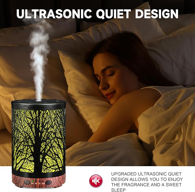 Essential Oil Diffuser 120ML Metal Aromatherapy Diffuser, Cool Mist Humidifier with Auto Shut-Off Protection 7 Color Lights for Home Office Spa (Tree)