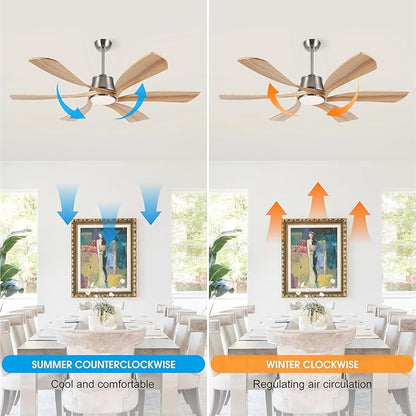 WINGBO 60" Smart Ceiling Fan with Light, Dimmable LED Light, 6-Speed Remote/APP/Voice Control, Solid Wood Blades Fan for Bedroom/Living Room/Shop Works with Alexa or Google Assistant Light Wood Color