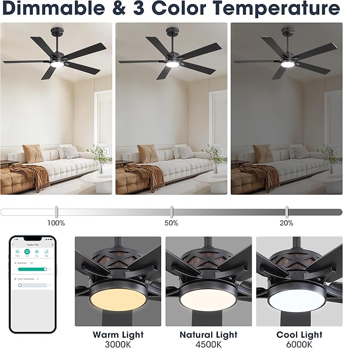 WINGBO 52" Smart Ceiling Fan with Lights, Black/Walnut Blades, 6 Speeds Reversible DC Motor, Works with Alexa and Google Assistant, 3CCT Dimmable LED Ceiling Fan for Bedroom Living Room, Black Finish