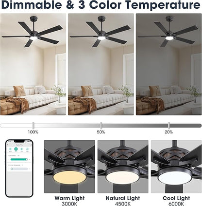WINGBO 52" Smart Ceiling Fan with Lights, Black/Walnut Blades, 6 Speeds Reversible DC Motor, Works with Alexa and Google Assistant, 3CCT Dimmable LED Ceiling Fan for Bedroom Living Room, Black Finish