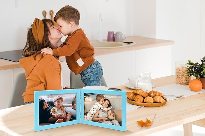 Double 5x7 Horizontal Combo, Soft-Blue Wood Picture Frame, 4.5x6.5 Opening Foldable Landscape View Photo Frame on Table-top or Wall