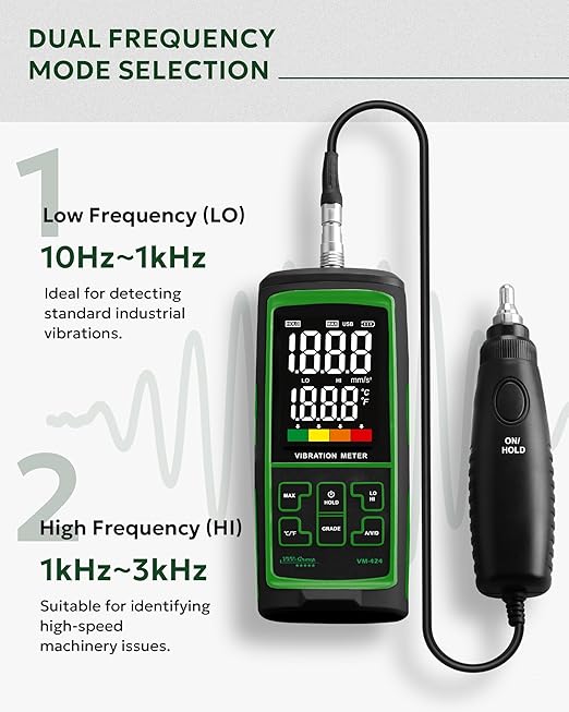 Vibration Meter VM-424 Digital Vibrometer Handheld Vibration Analysis Equipment Acceleration Velocity Displacement Measurement