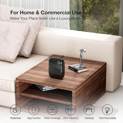 Smart Waterless Essential Oil Diffuser (400 mL Capacity) Starter Kit with 200mL Hotel Scent Fragrance Oils, Up to 2000 sq ft App Control Scent Air Machine with 12V1A Power Adapter, ANW Kit Black