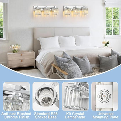 Crystal Bathroom Light Fixtures, 3 Light Chrome Vanity Lighting Over Mirror with Crystal Shades, Modern Bathroom Vanity Light for Restroom, Bath, Cabinet and Powder Room