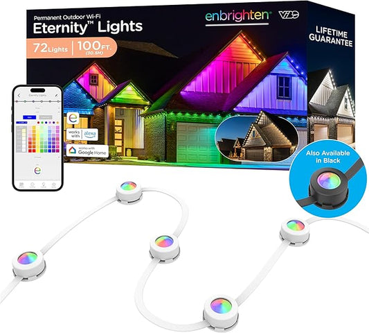 Enbrighten Vibe Eternity Permanent Outdoor Lights for House, 100 Feet, 72 RGBWIC LEDs, Close Spacing, 33lm, Color Changing, Christmas, Eave Lighting, Smart App, Works with Alexa, Google Home, 81103