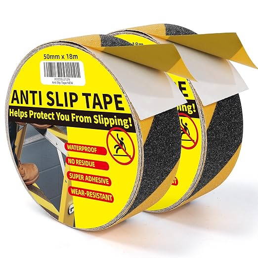 TAPEBEAR Black and Yellow Safety Tape 2inch x 60feet, Anti Slip Grip Tape Anti Skid Safety Warning Strips Traction Tape Waterproof for Indoor Outdoor Step, Stairs, Ladder, 2Rolls