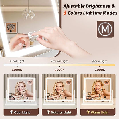 Vanity Mirror with Lights, 22"x19" Hollywood Lighted Makeup Mirror for Tabletop & Bedroom 3 Color Lighting Modes Smart Touch Control 360° Rotation Detachable