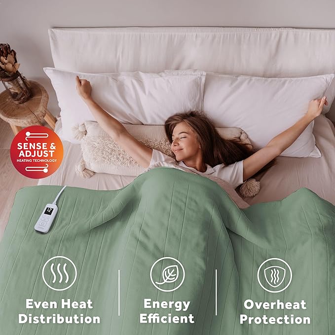 Sunbeam Royal Ultra Fleece Heated Electric Blanket Full Size, 84" x 72", 12 Heat Settings, 12-Hour Selectable Auto Shut-Off, Fast Heating, Machine Washable, Warm and Cozy, Matcha