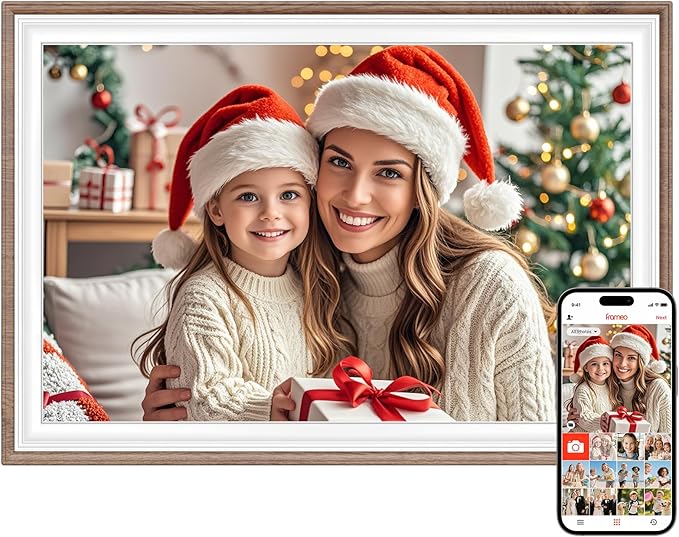 Frameo 10.1" Digital Picture Frame, Smart WiFi Digital Photo Frame with 1280x800 HD IPS Touch Screen 32GB Storage Auto-Rotate Wall Mounted, Share Photos/Videos Remotely(Brown&White)