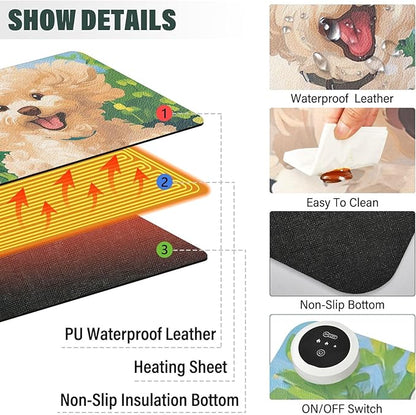 Heated Desk Pad Mouse Pad 31.5x13 Inch PU Leather Desk Mat with 3 Heat Levels Large Mouse Gaming Computer Laptop Mat Spring Running Poodle Dogs