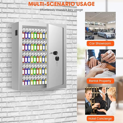 125 Key Lock Box Wall Mount with Anti-Theft Deposit Key Slot, White Key Cabinet with Key Hooks & 125 Tags Key Labels, Key Safe for Hotels & Office & Companies & Car Dealerships