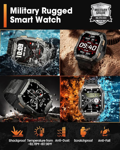 Military Smart Watches for Men, 1.95'' Smart Watch with 100 Days Battery/Flashlight, Fitness Tracker Watch with Heart Rate/Sleep Monitor/100+ Sports Mode,5 ATM Rugged Smartwatch for Android and iPhone