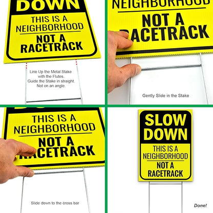 Slow Down Sign 16" x 12" - This Is a Neighborhood, Not a Racetrack - Double-Sided With H-Stake for Neighborhoods