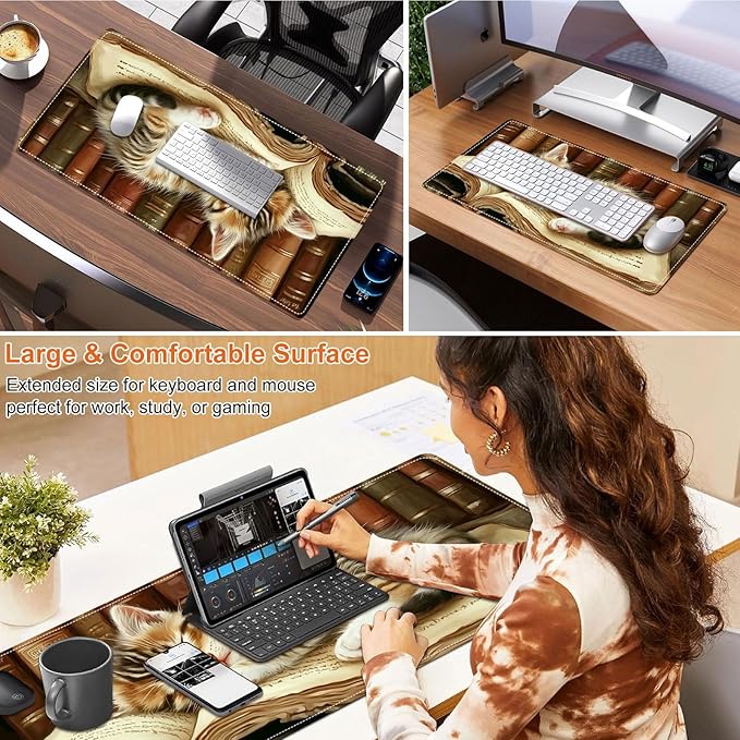 Heated Mouse Pad for Desk 31.5" x 13" – PU Leather Warm Desk Pad with 3 Heat Levels (104°F/113°F/122°F), Plug-in Electric Heating Mat with Auto Shut-Off, Waterproof & Rollable, Kitten on Book