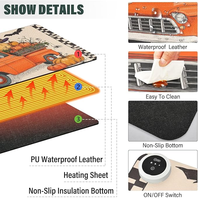 Heated Desk Pad Mouse Pad 31.5x13 Inch PU Leather Desk Mat with 3 Heat Levels Large Mouse Gaming Computer Laptop Mat Halloween Plaid Pumpkin Bat
