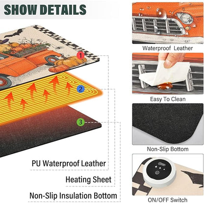 Heated Desk Pad Mouse Pad 31.5x13 Inch PU Leather Desk Mat with 3 Heat Levels Large Mouse Gaming Computer Laptop Mat Halloween Plaid Pumpkin Bat