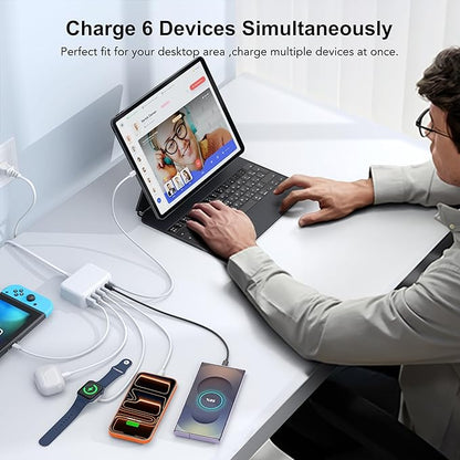 USB C Fast Charger, 100W GaN 6 Port Type USB C Charging Station Hub Block Cube, USB C Wall Charger Power Strip Adapter Plug for iPad iPhone 17 16 15 14 13 12 Pro Max Pixel Note Galaxy, 5ft Cord