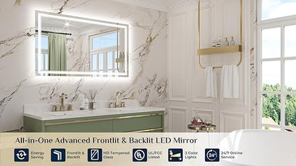 Keonjinn 48" x 30" Lighted Bathroom Mirror, Frontlit & Backlit Frameless LED Mirror, HD Tempered Glass, Quick Defogging, 3 Color Lights, Dimmable, UL-Listed LED Driver, Wall-Mounted Vanity Mirror