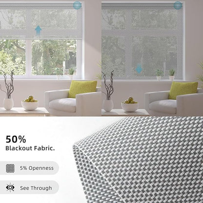 SmartWings Motorized Smart Blinds for Windows in Light Filtering, Electric Remote Roller Shades Compatible with Alexa/Google Home/Homekit, Custom Up to 110”W x 148”H, 5% Openness Aventus White Grey