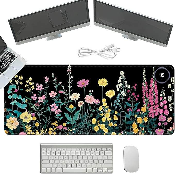 Heated Mouse Pad with 3 Temperature Settings(104°F–122°F),Large 31.5x13 Inch PU Leather Heated Desk Mat,Waterproof Warming Pad for Office,Gaming & Cold Hands Relief,Garden Flowers