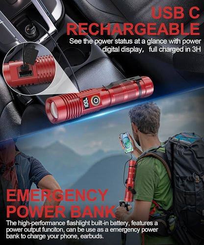 Rechargeable Flashlight High Lumens- Super Bright Magnetic Flash Light with Power Digital Display,Long Range,Dimmable,Waterproof,Pocket LED Flashlights for Emergency Camping 2PC Red