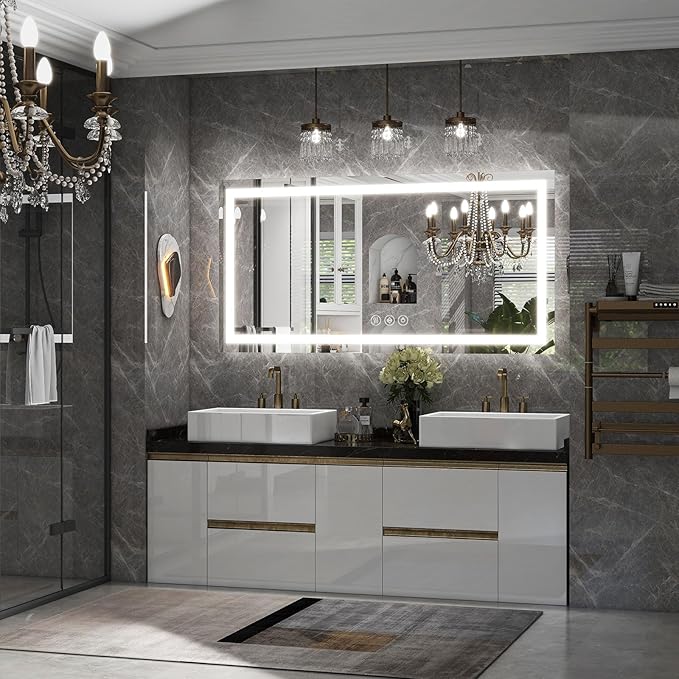 LED Bathroom Mirror, 30x55 Inch White Framed Gradient Front and Backlit Vanity Mirror, Anti-Fog, Dimmable, Wall Mounted Horizontal/Vertical Lighted Mirror