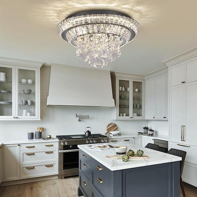 18 inch Crystal Black Ceiling-Light Flush Mount with Remote and APP Control, 3CCT Dimmable & Brightness Adjustable, Modern Crystal Raindrop Chandeliers for Bedroom Hallway Dinning Room Living Room