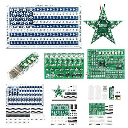 5in1 DIY Soldering practice Kit! Includes Small USA Flag, Star LED, USB Night Light, 15Way Flow & Drip Lights. SMD/SMT projects, ideal for beginners.This exercise kit can unleash your creativity