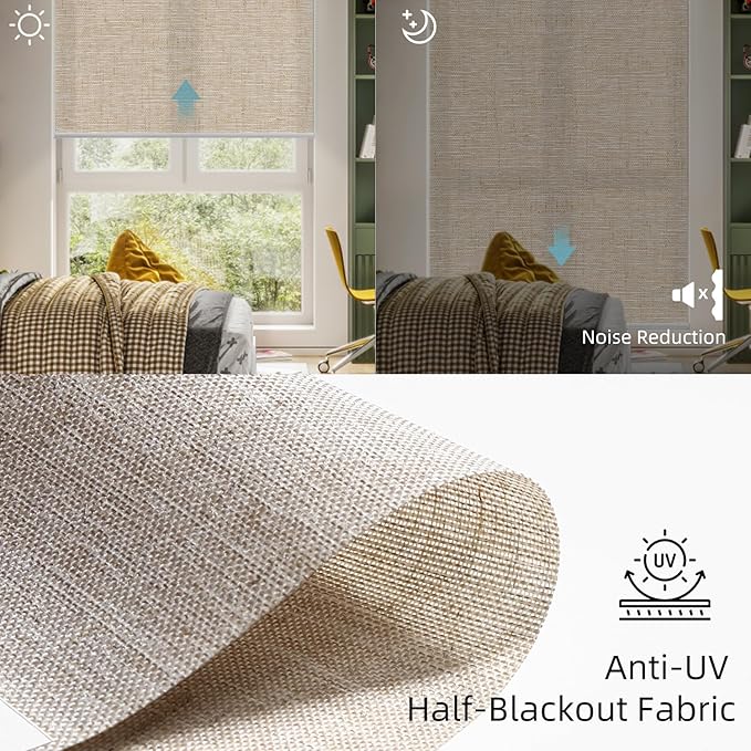 SmartWings Motorized Light Filtering Shades, Work with Matter Homekit Alexa Google, 70% Blackout Shades Translucent, Cordless Window Shades with Remote Rechargeable, Up 110" W x 148" H, Linen Caramel