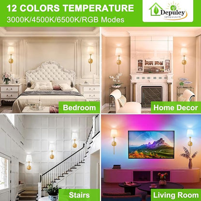 Depuley Battery Operated Wall Sconce: Set of 2 Wireless Wall Lights with Remote for Bedroom - Rechargeable 15 Colors Gold Wall Lamp for Living Room Hallway