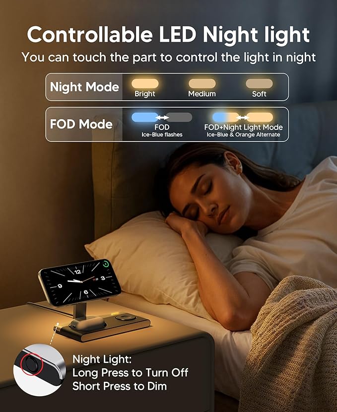 Foldable 3 in 1 Magnetic Wireless Charging Station for Apple Devices, Leather-Like Fast Wireless Charger Dock with Night Light for Magsafe iPhone 17/16/15/14/13/12 Series, Apple Watch, AirPod