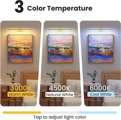 2 Pack 24" Brass Gallery Picture Lights - 8000mAh Rechargeable Battery Powered Wireless Lighting for Large Gallery, Museum & Living Room