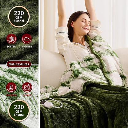 Heated Electric Blanket Twin Size - 62"x84" Flannel Heating Blanket with 10 Heating Levels & 5 Time Settings Over-Heat Protection, Winter Warmer for Adults with ETL Certification（Green）
