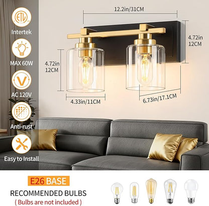 2 Light Modern Bathroom Light Fixtures Over Mirror, Black Gold Vanity Lights for Bathroom Wall Sconces with Clear Glass Shades, E26 Socket (Bulbs Not Included)