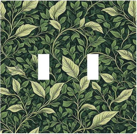 Vintage Green Plant Leaves 2 Gang Double Toggle Light Switch Cover Decorative Switchplate Electrical Wall Plates Faceplate for Bathroom Bedroom Decor 4.9 X 5 IN