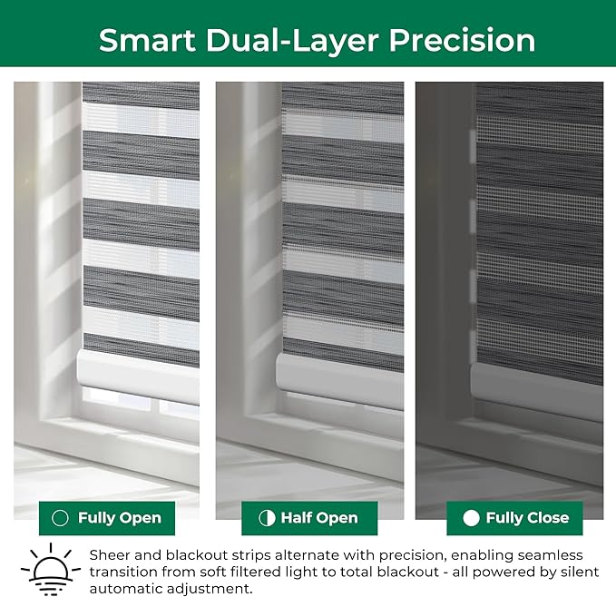Allesin No Drill Motorized Zebra Blinds – Rechargeable Smart Dual Layer Shades with Cassette Cover, Ultra-Quiet Motor, Automatic Blind with Remote for Indoor Windows (Rock Gray 31" W x 72" H)