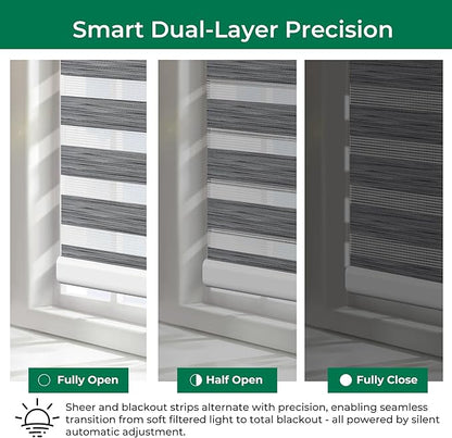 Allesin No Drill Motorized Zebra Blinds – Rechargeable Smart Dual Layer Shades with Cassette Cover, Ultra-Quiet Motor, Automatic Blind with Remote for Indoor Windows (Rock Gray 27" W x 72" H)