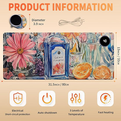 Heated Mouse Pad 31.5x13 in 3-Temp Fast Heating Desk Mat with Auto Timer Warmer for Hands Wrist Pain Relief Waterproof Keyboard Mat for Office, Gaming, Home, Floral Kitchen