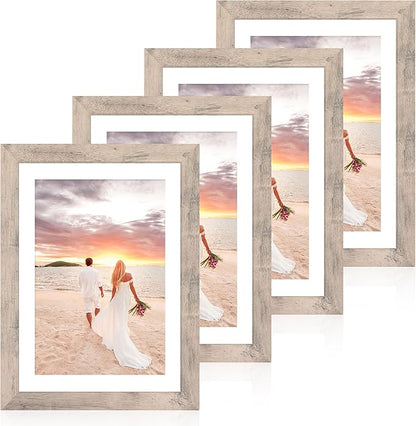 iRahmen 10x14 Picture Frame Set of 4 with Tempered Glass, Smoke Gray Frame Display 8x12 Picture with Mat or 10 x 14 Without Mat, Wood Rustic Photo Frames for Horizontal or Vertical Wall Mounting