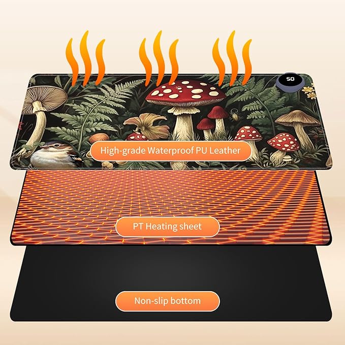 Heated Mouse Pad for Desk 31.5" x 13" – PU Leather Warm Desk Pad with 3 Heat Levels (104°F/113°F/122°F), Plug-in Electric Heating Mat with Auto Shut-Off, Waterproof & Rollable, Forest Mushrooms
