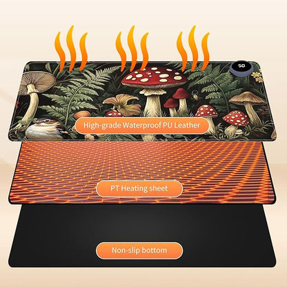 Heated Mouse Pad for Desk 31.5" x 13" – PU Leather Warm Desk Pad with 3 Heat Levels (104°F/113°F/122°F), Plug-in Electric Heating Mat with Auto Shut-Off, Waterproof & Rollable, Forest Mushrooms