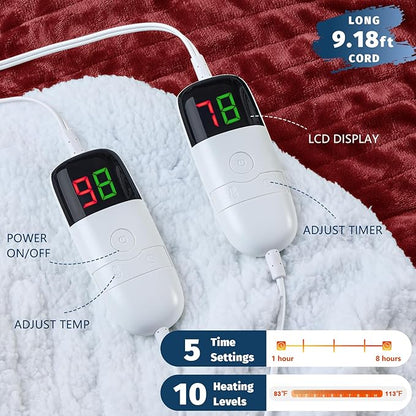 Heated Electric Blanket Queen Size - 84" x 90" Heating Blanket with Dual Control, 10 Heating Levels & 8 Hours Auto Off, Soft Warm Flannel Blanket, Christmas Birthday Gifts for Senior Grandma