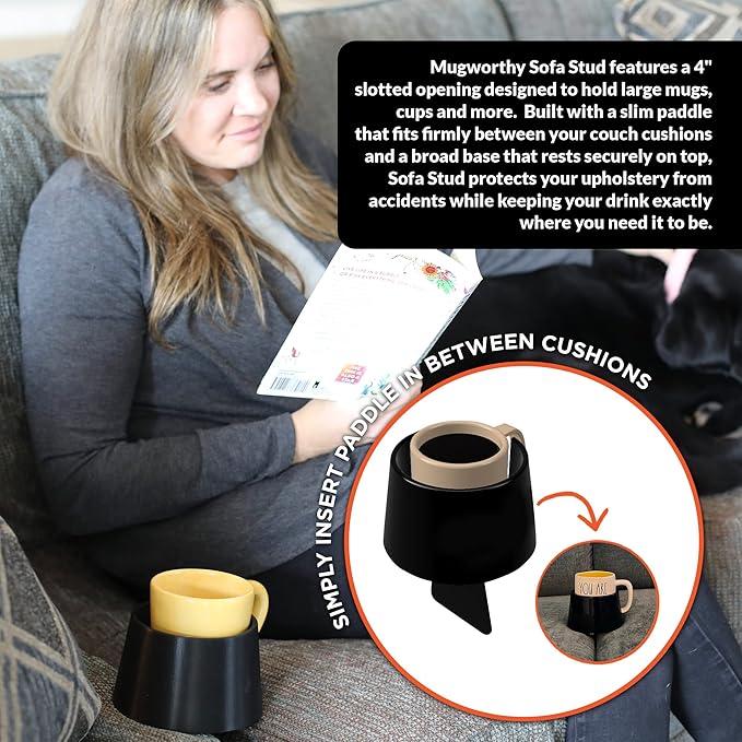 Mugworthy Couch Mug & Cup Holder - Spill Proof, Convenient, Versatile Drink Coaster Molded from BPA Free, Impact Resistant, Durable Plastic that Fits Coffee Mugs, Large Cups, Bottles & More