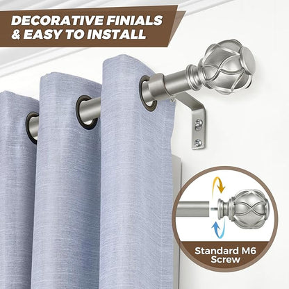 KAMANINA 1 Inch Curtain Rod Telescoping Single Drapery Rod 36 to 72 Inches (3-6 Feet), Antique Silver Curtain Rods for Windows 24 to 68 Inches, Netted Texture Finials