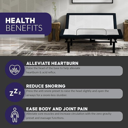 Blissful Nights e4 Split Top Flex Top King Adjustable Bed Base Frame, Massage, Anti-Snore, USB, Nightlight, Wireless Remote Head & Foot Incline, and 10-Year Warranty