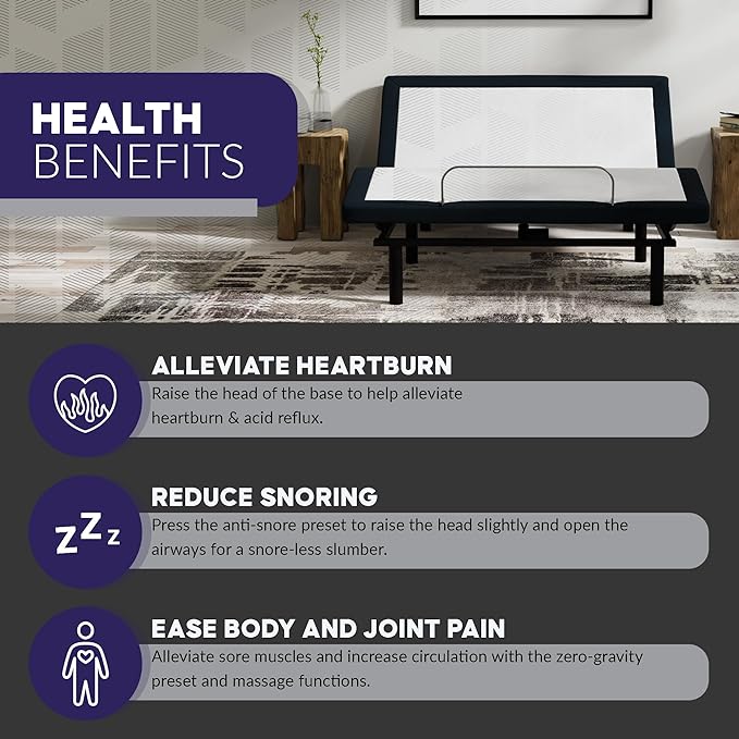 Blissful Nights e4 Full Size Adjustable Bed Base Frame with Massage, Anti-Snore, Zero Gravity, Dual USB Charging Station, Under Bed Nightlight, Wireless Remote Head and Foot Incline
