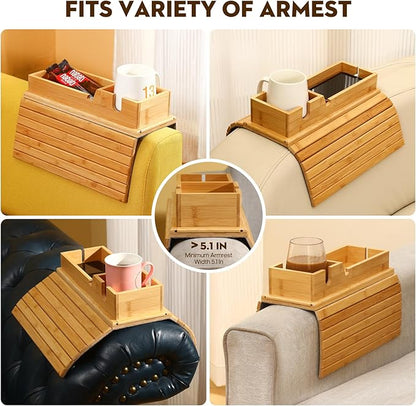 Bamboo Couch Arm Tray with Detachable Cup Holder, 2 in 1 Foldable Anti-Falling Design for Cups, Snacks, Remote, Cellphone