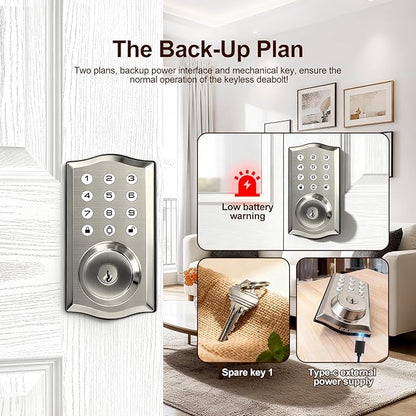 Keyless Entry Door Lock with Keypad, Auto Lock, Voice Prompt, Smart Deadbolt Lock for Front Door with Key, Satin Nickel – Easy Installation, IP55 Waterproof